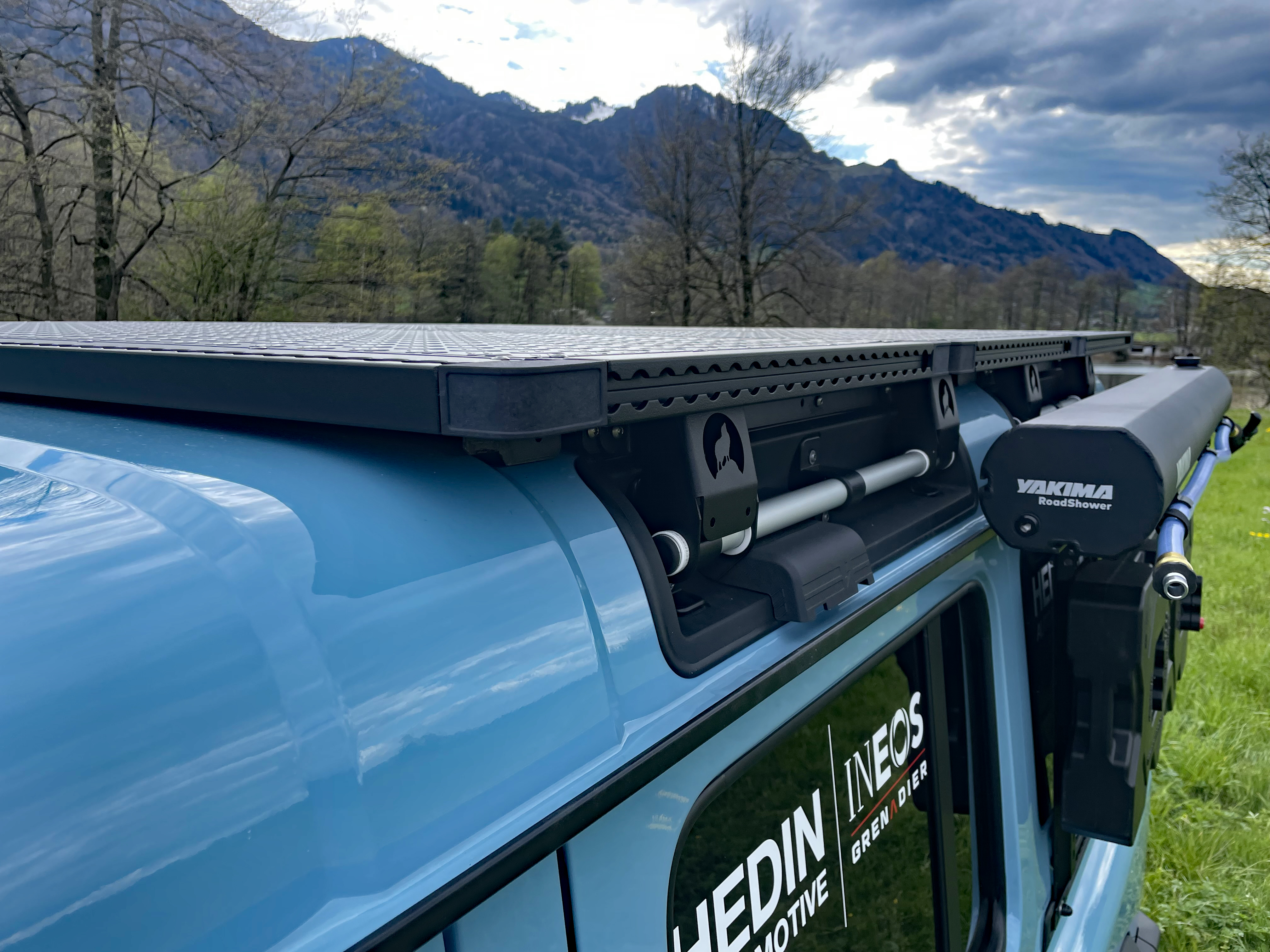 Close-up of roof rack for roof tents on off-road vehicle