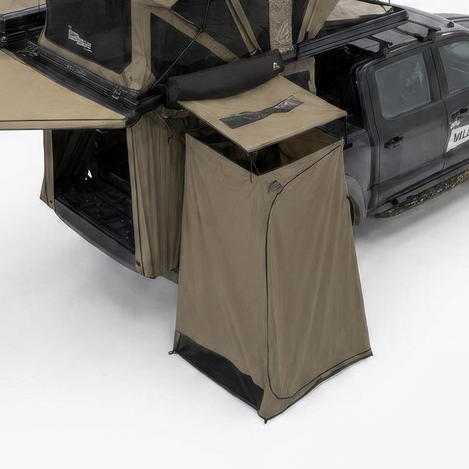 Shower tent. Easy installation using existing mounting points on the passenger side. Optional accessories.
